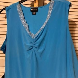 Maggie Barnes Sleeveless Shell Aqua lace v- neck